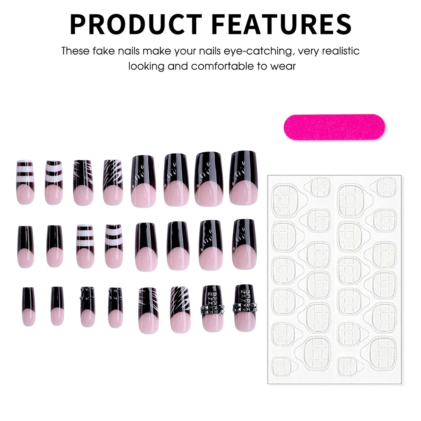 24pcs Dark Style French Square Fake Nails Press On Nails Metal Decor Wearable Black Gothic Punk Halloween False Nail Tip Durable Peaceful Pleasures Health and Wellness
