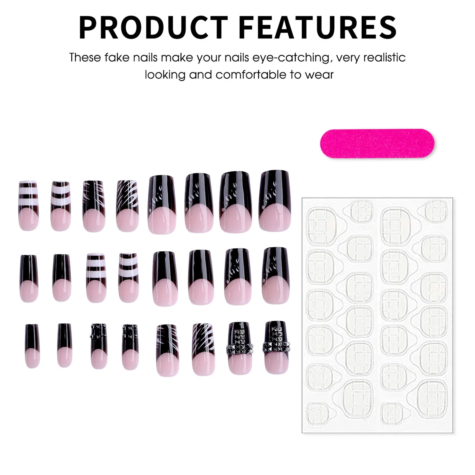 24pcs Dark Style French Square Fake Nails Press On Nails Metal Decor Wearable Black Gothic Punk Halloween False Nail Tip Durable Peaceful Pleasures Health and Wellness