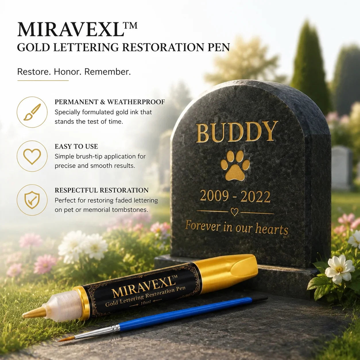 Gold Headstone Restoration Marker & Brush Set – 10ml