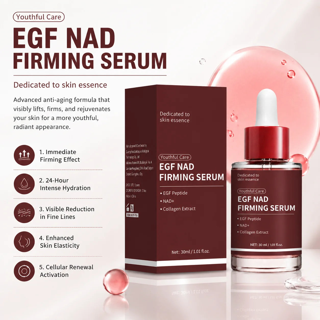 NAD+ EGF Firming Serum, Plumping, Radiance Boosting Serum, Cares for Look of Fine Lines, Skin Elasticity & Firmness,30ml Peaceful Pleasures Health and Wellness