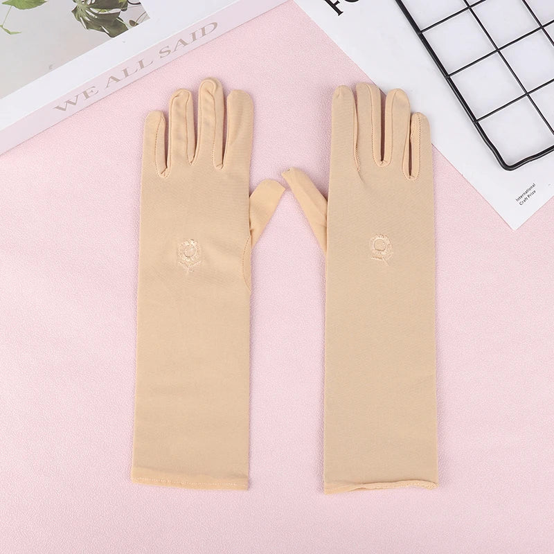 31cm Medium Long Embroidered Gloves Women Sunscreen Driving Gloves Stretch Anti-UV Breathable Glove Spring Summer Thin Gloves Peaceful Pleasures Health and Wellness Nude