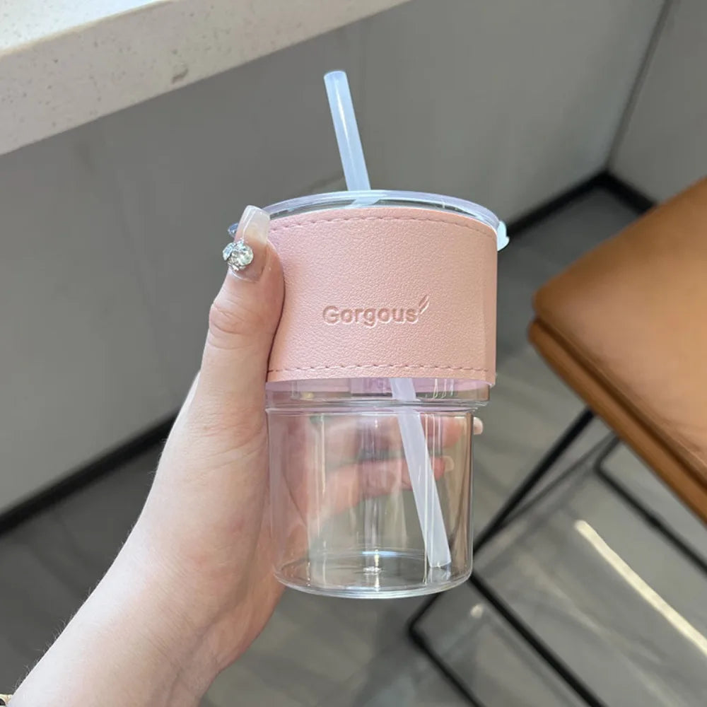 400ml Glass Water Bottle with Bamboo Lid & Straw – Transparent Cup