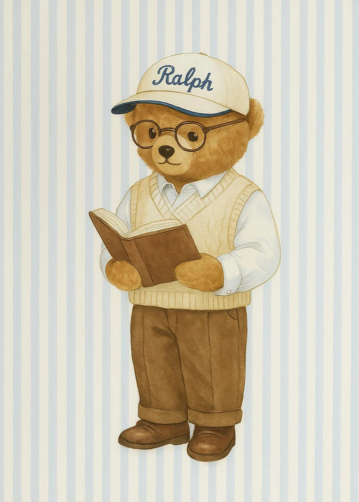 Skating Teddy Bear Playing Guitar Reading Blue Striped Poster Canvas Painting Print Wall Art Picture for Living Room Home Decor Peaceful Pleasures Health and Wellness