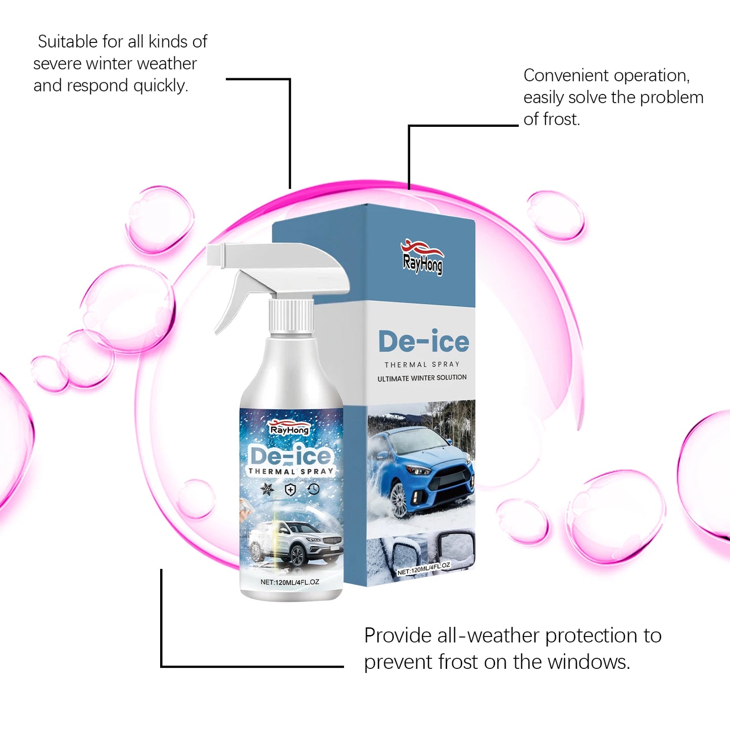 Rayhong 120ml Car De-Icer Spray | Fast Windshield Ice Melt