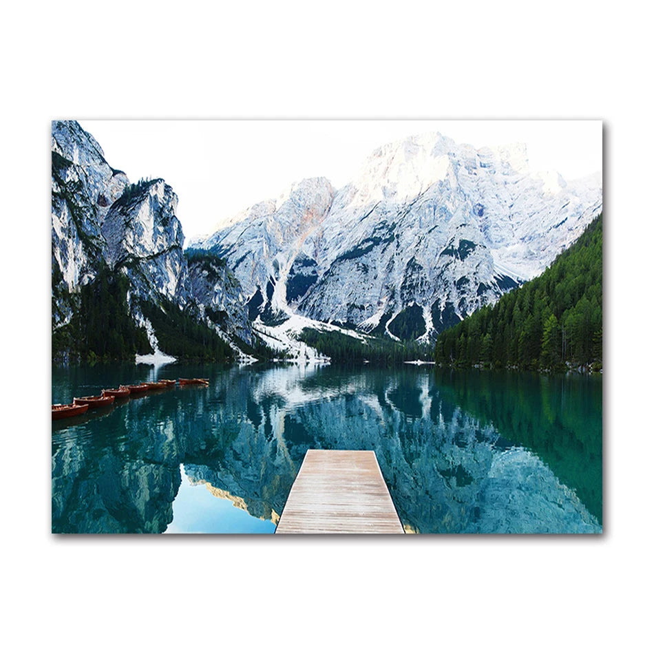 Nordic Boat Lake Mountain Canvas Wall Art | Scandinavian Print