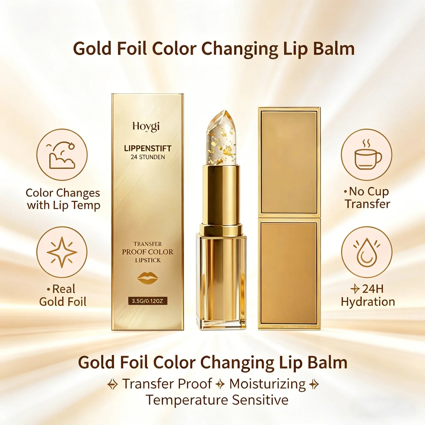 Hoygi Gold Foil Color-Changing Lip Balm – Moisturizing