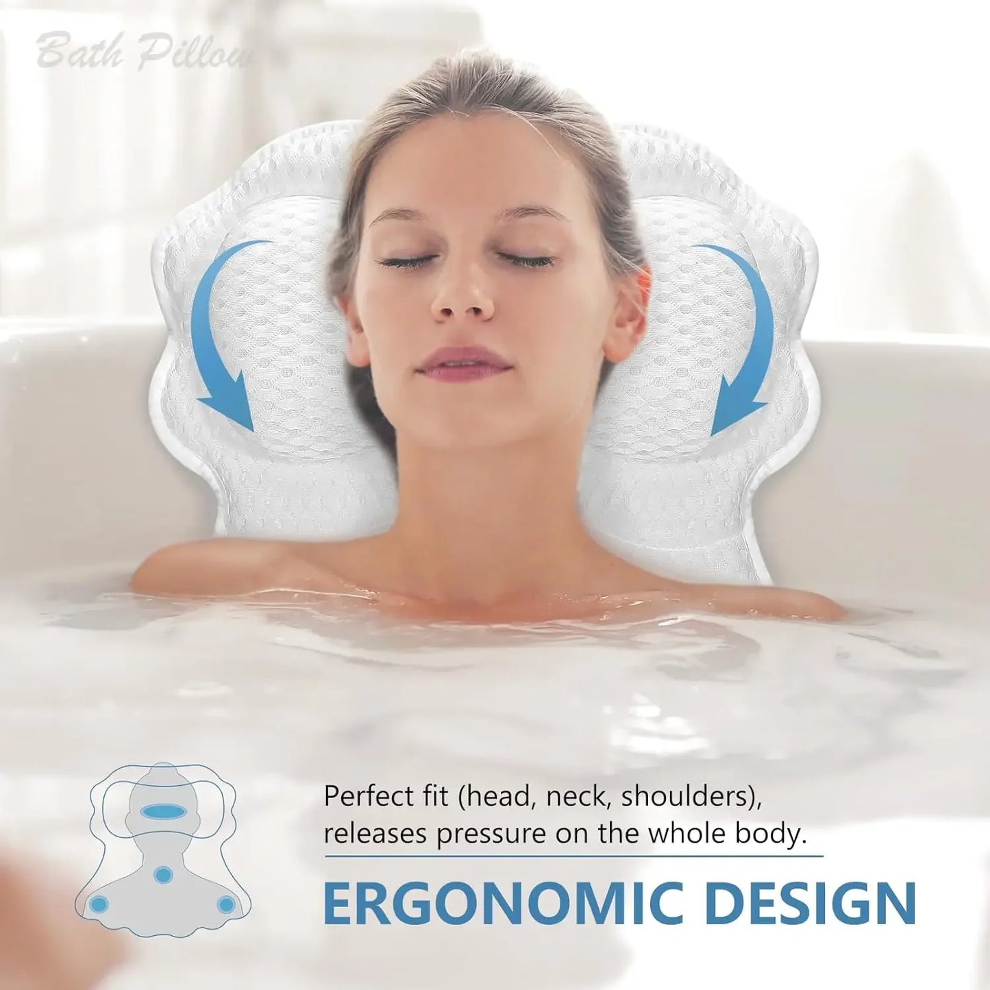 Relaxing Bath Pillow – 4D Breathable Mesh, 6 Suction Cups, White Bath Accessories Peaceful Pleasures Health and Wellness