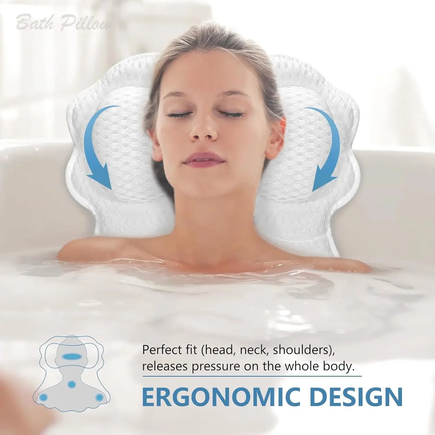 Relaxing Bath Pillow – 4D Breathable Mesh, 6 Suction Cups, White Bath Accessories Peaceful Pleasures Health and Wellness