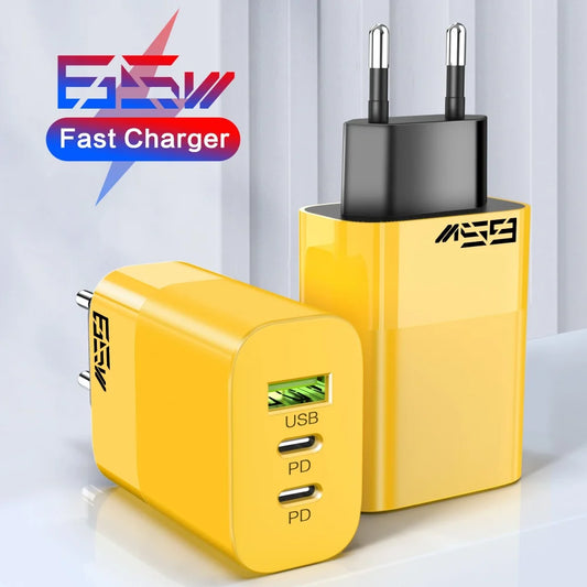 65W PD Fast Charger 3-Port USB-A Dual USB-C Wall Adapter