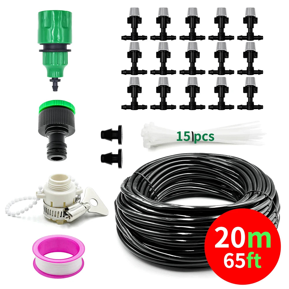 The Ultimate Outdoor Misting & Plant Watering Kit Quick Cooling Mist Sprayer Nozzle Set Peaceful Pleasures Health and Wellness 20m-15 nozzles
