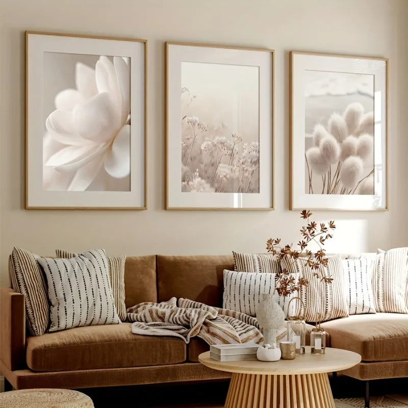 3-Piece Beige Botanical Floral Canvas Wall Art | Nordic Boho Canvas Wall Art Peaceful Pleasures Health and Wellness