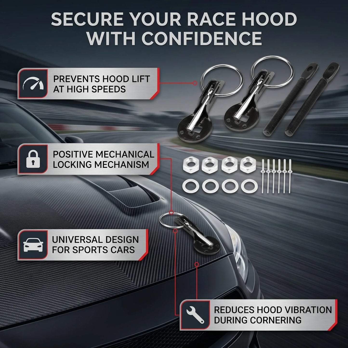 Aluminum Racing Hood Pin Lock Kit – Universal Bonnet Latch