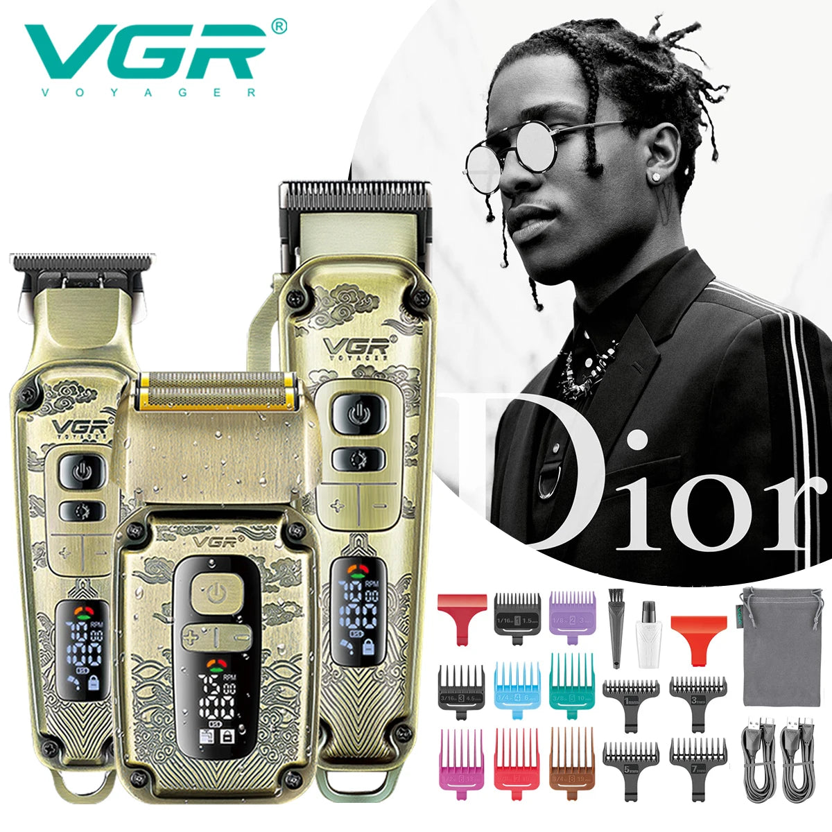 VGR professional high-end hair trimmer set, retro metal electric push shear, home LED intelligent digital hair clipper, shaver Peaceful Pleasures Health and Wellness