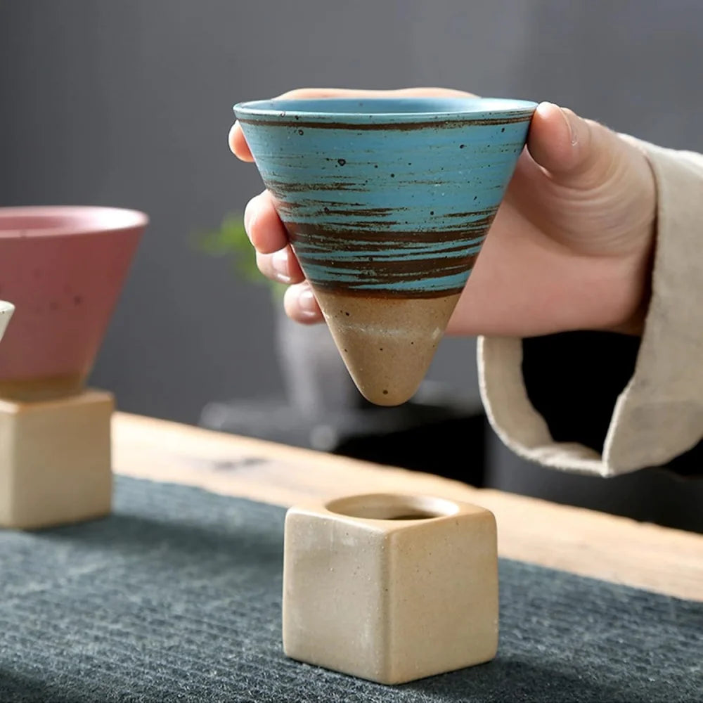 100ml Coarse Pottery Coffee Mugs, Japanese Style Ceramic Tea Cups Triangular Cone Shape Porcelain Retro Mug with Square Base Peaceful Pleasures Health and Wellness