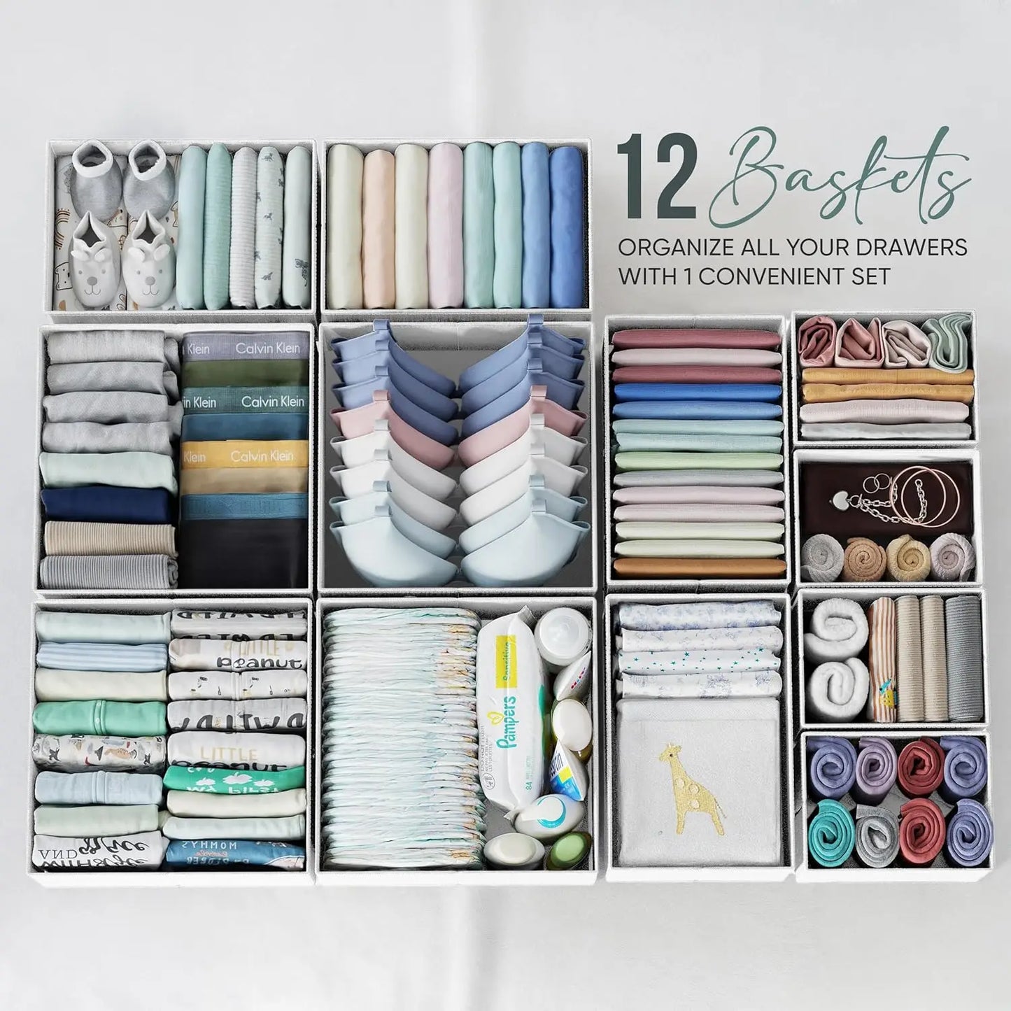 12 baskets organizing various items in a drawer setup on a white background