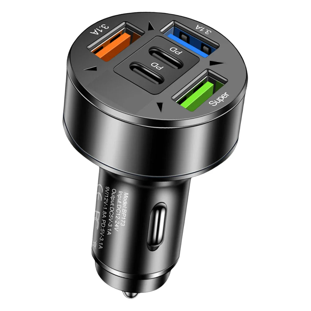 100W 5-Port Car Charger PD QC3.0 USB-C Fast Charging