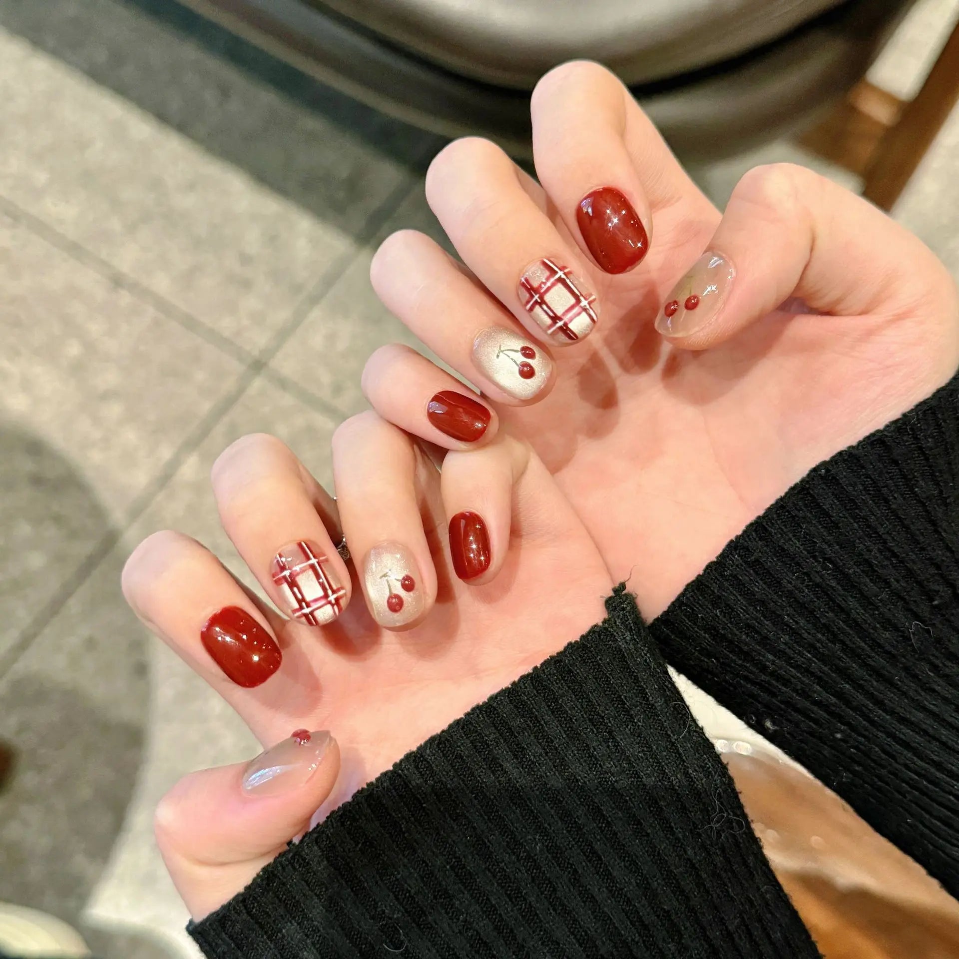 Handmade Red Cherry Glitter Cat Eye Press-On Nails | Short Round Press-On Nails Peaceful Pleasures Health and Wellness XS