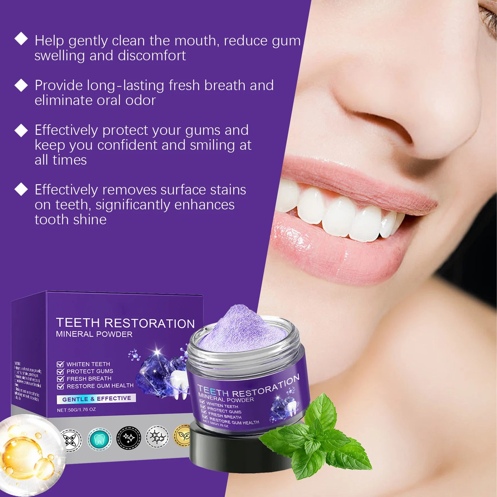 Purple Cleaning Tooth Powder Reduce Gum Discomfort Decompose Dental Plaque Preventing Tooth Decay Fresh Breath Oral Care Powder Peaceful Pleasures Health and Wellness