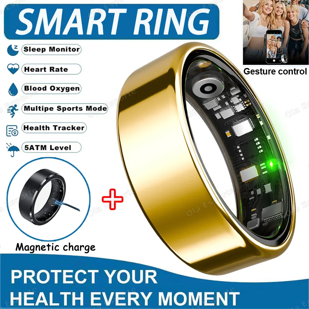 2026 Smart Ring Blood Pressure Heart Rate Sleep Monitoring Smartring IP68 & 5ATM Waterproof Multi-sport Mode Smartring Man Women Peaceful Pleasures Health and Wellness Gold Cable 13