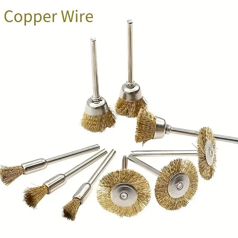 9pcs Steel Wire Brass Brush Rotary Tool Electric Dremel Drill Bit Polishing Grinding Wheel T-shaped Brush Accessories Peaceful Pleasures Health and Wellness 9Pcs Copper Set