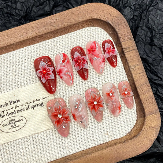 10pcs Handmade Almond Press on Nails Hand-carved Devil's Flower Design Fake Nail Tips Wearable Detachable Ins Sweet False Nails Peaceful Pleasures Health and Wellness XS