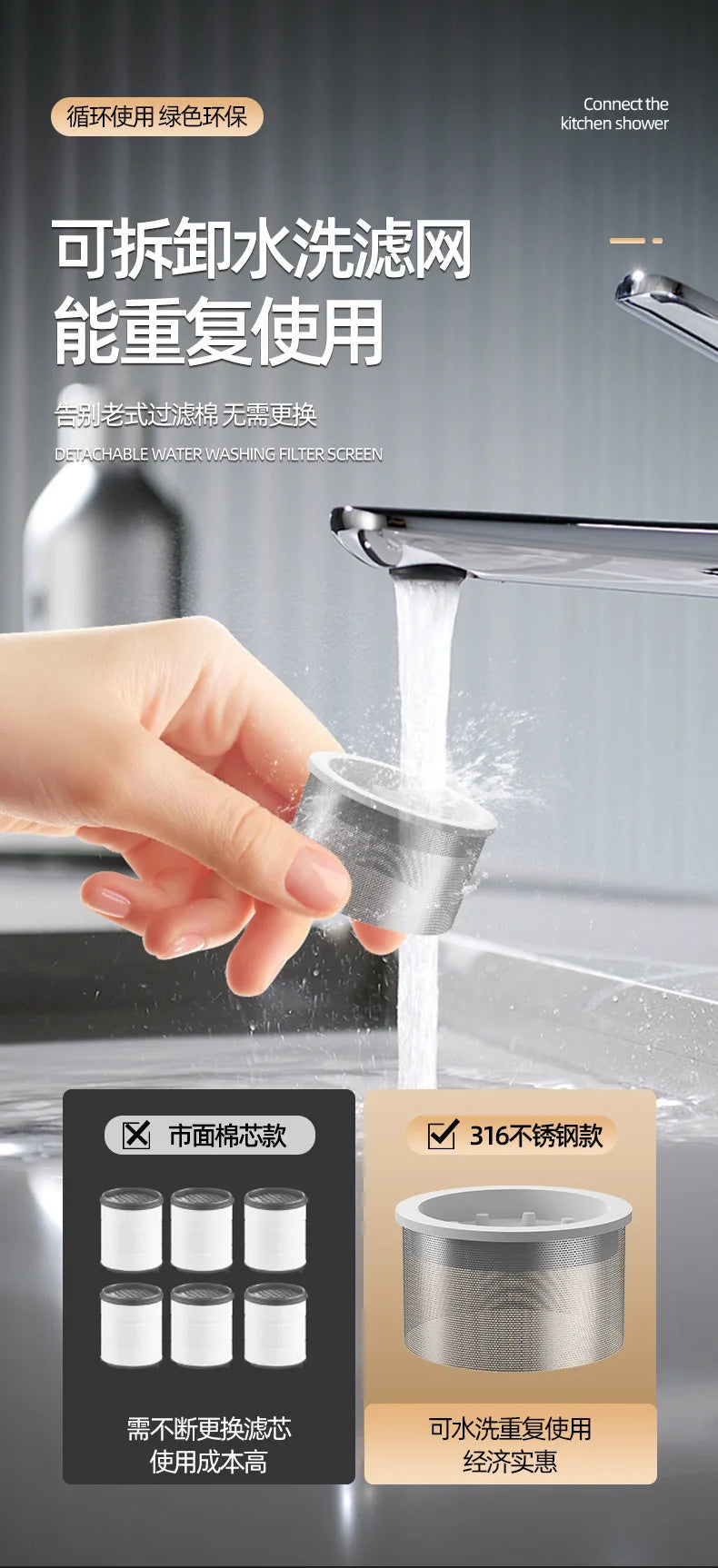 3-Mode Kitchen Faucet Spray Extender | Water-Saving Steel