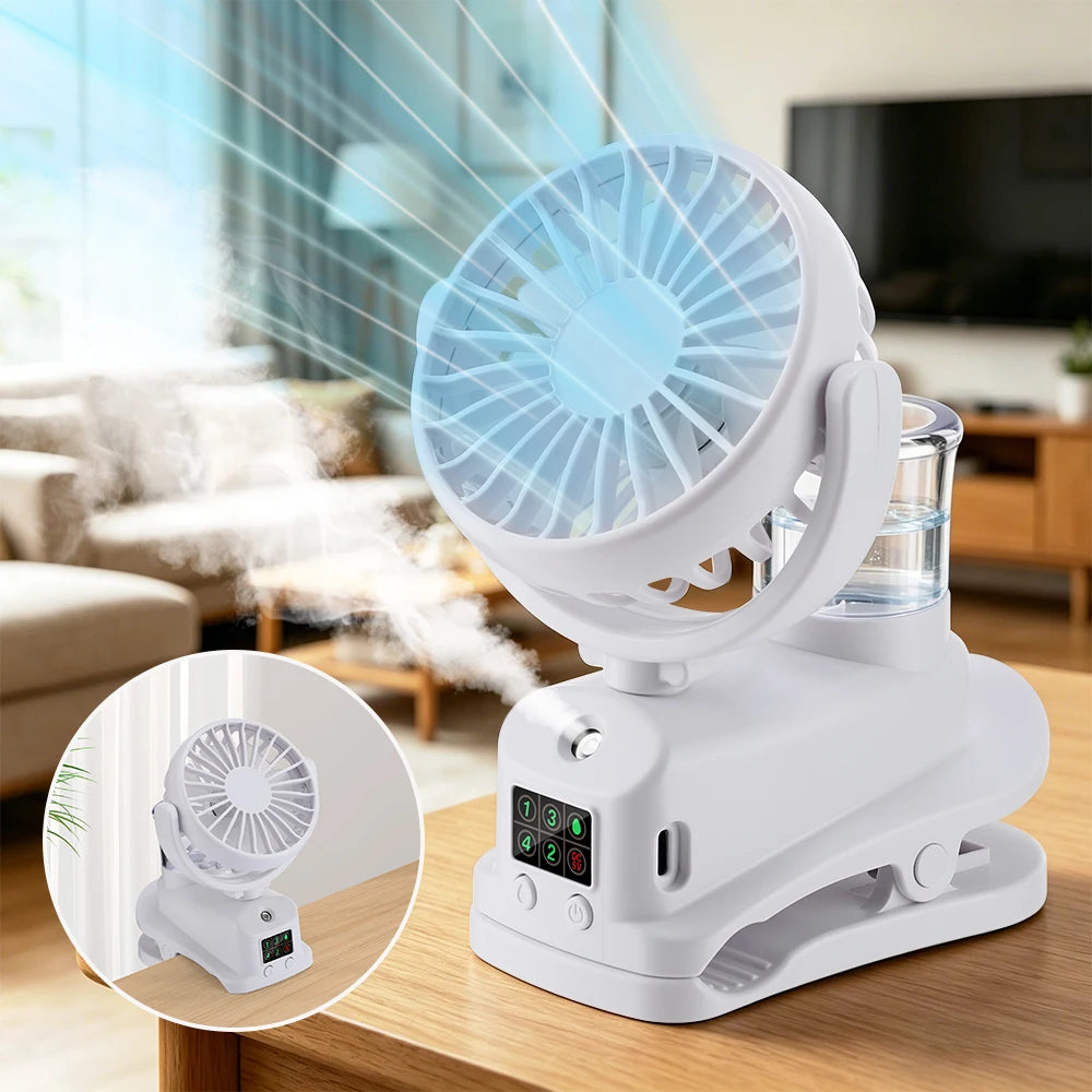 Misting Clip Fan for Baby Stroller, Portable Rechargeable USB Desk Spray Fan, Quiet 1200mAh Mini Air Cooler with LED Display Peaceful Pleasures Health and Wellness