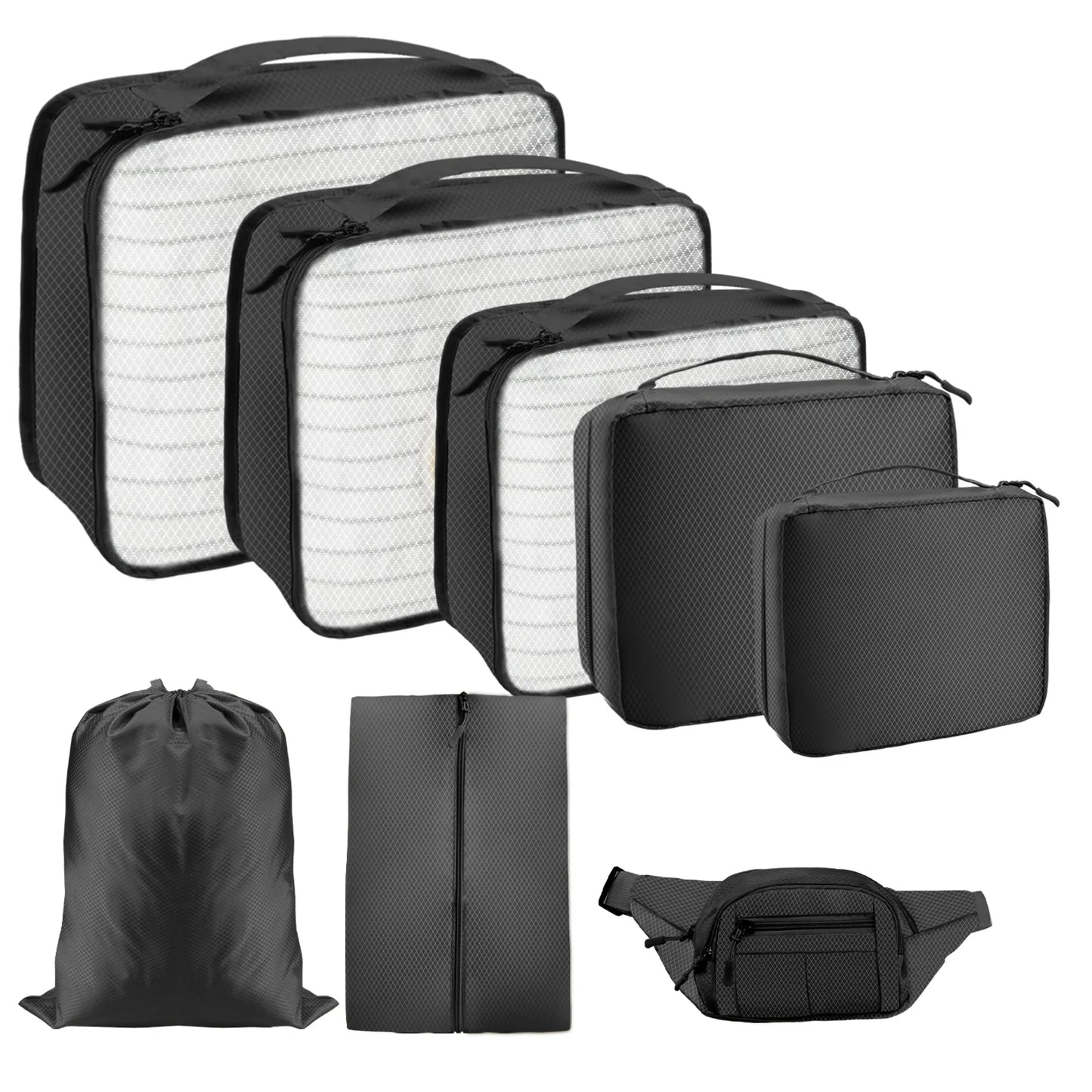 5/8pc Set Compression Packing Cube Extensible Waterproof Organizer Bags for Travel Suitcase Clothing Luggage Sorting W/ Shoe Bag Peaceful Pleasures Health and Wellness 8pcs black