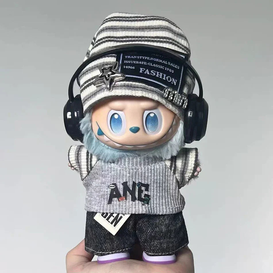 Labubu 15–17cm Korean Grey Star Hat Cloth Outfit Set
