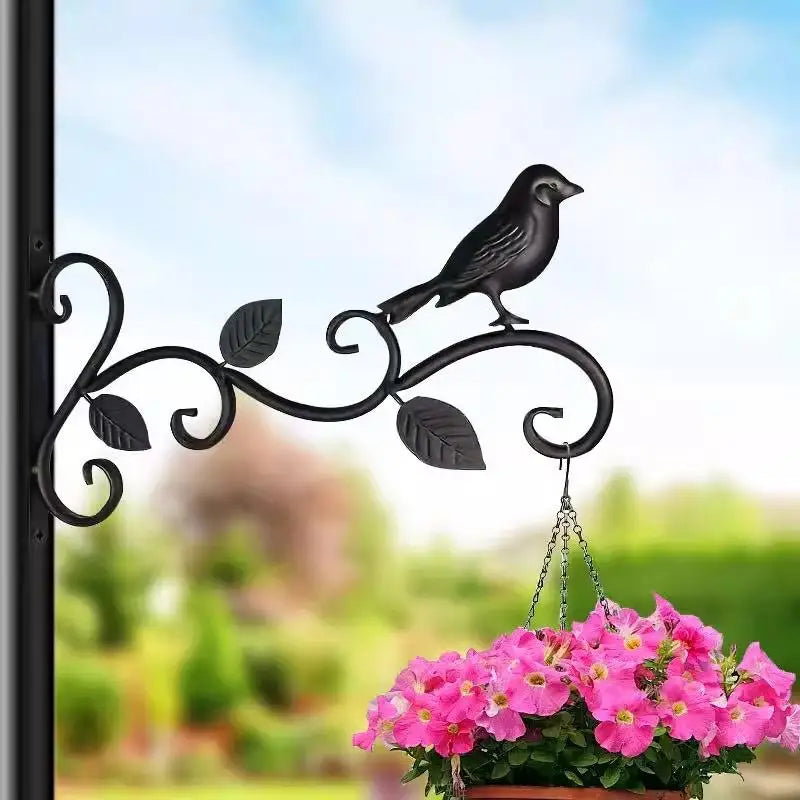 Wrought Iron Hanging Plant Bracket – Bird & Leaf Wall Decor