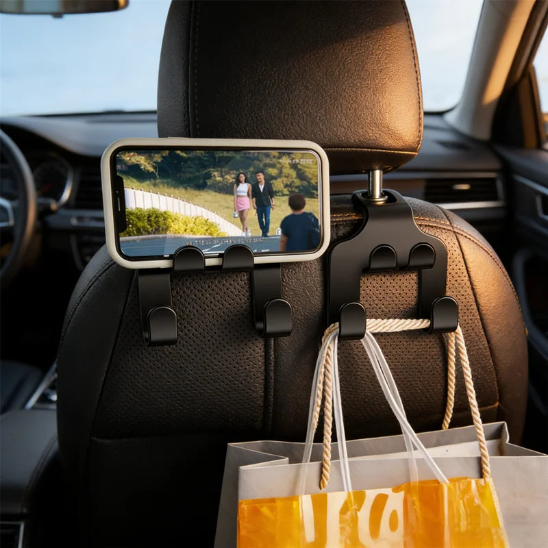 Car Headrest Hanger Hook – 2-in-1 Phone Mount & Bag Holder