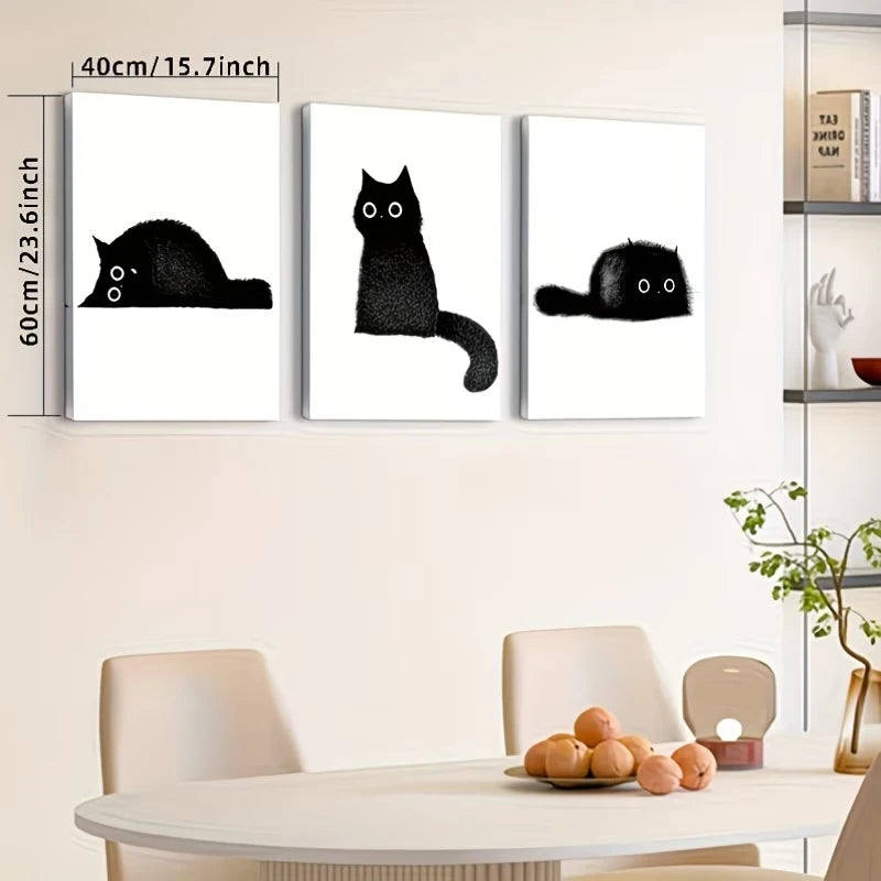 3-Piece Black Cat Canvas Wall Art Print | Modern Home Decor