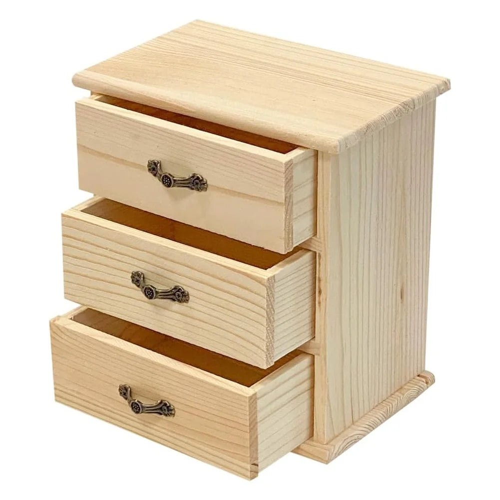Three Drawer Wooden Jewelry Box DIY Craft Storage Organizer Desktop