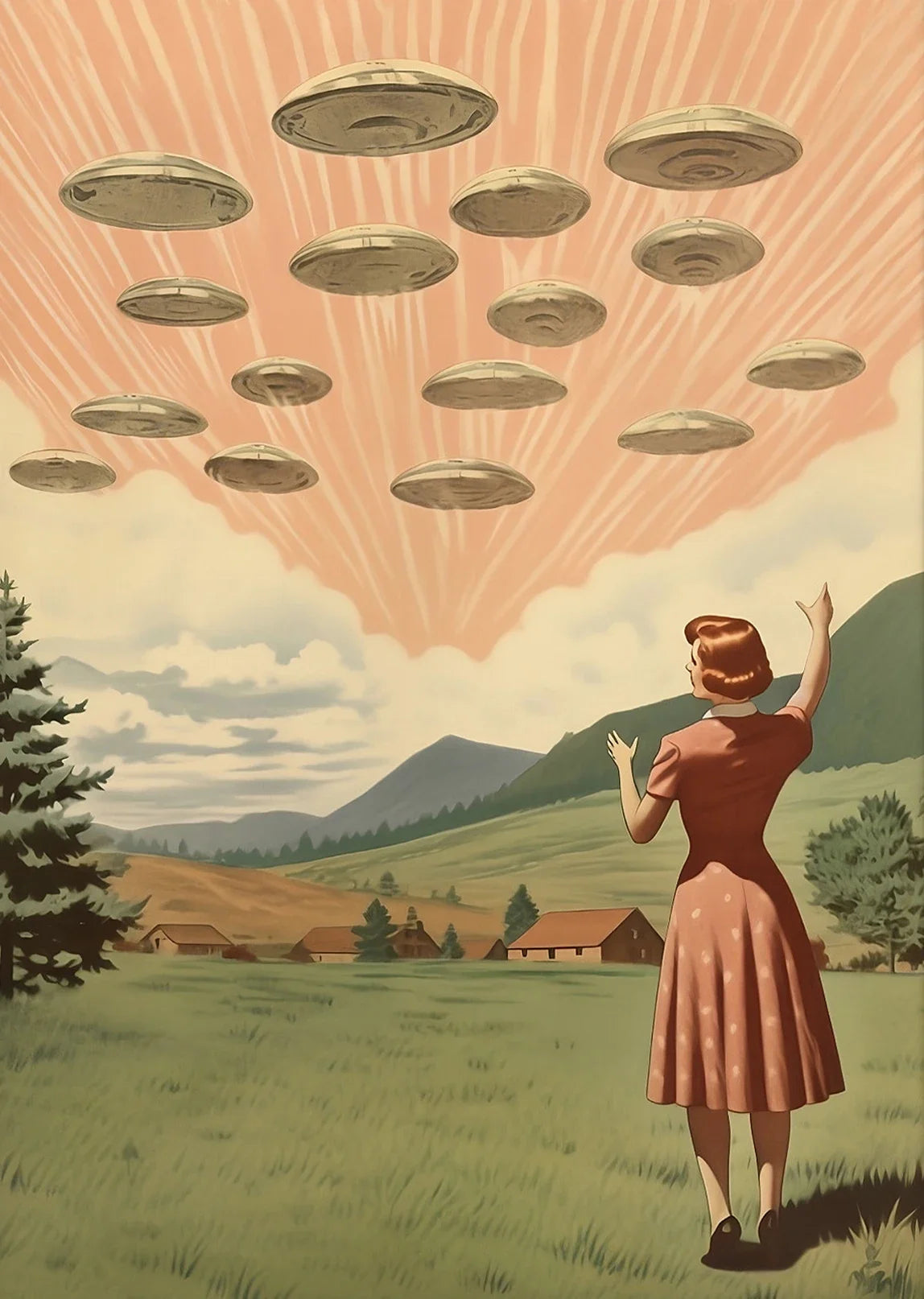 UFO Alien Cow Abduction Canvas Print | Retro Sci-Fi Wall Art Canvas Wall Art Print Peaceful Pleasures Health and Wellness 12 50x70cm Unframed