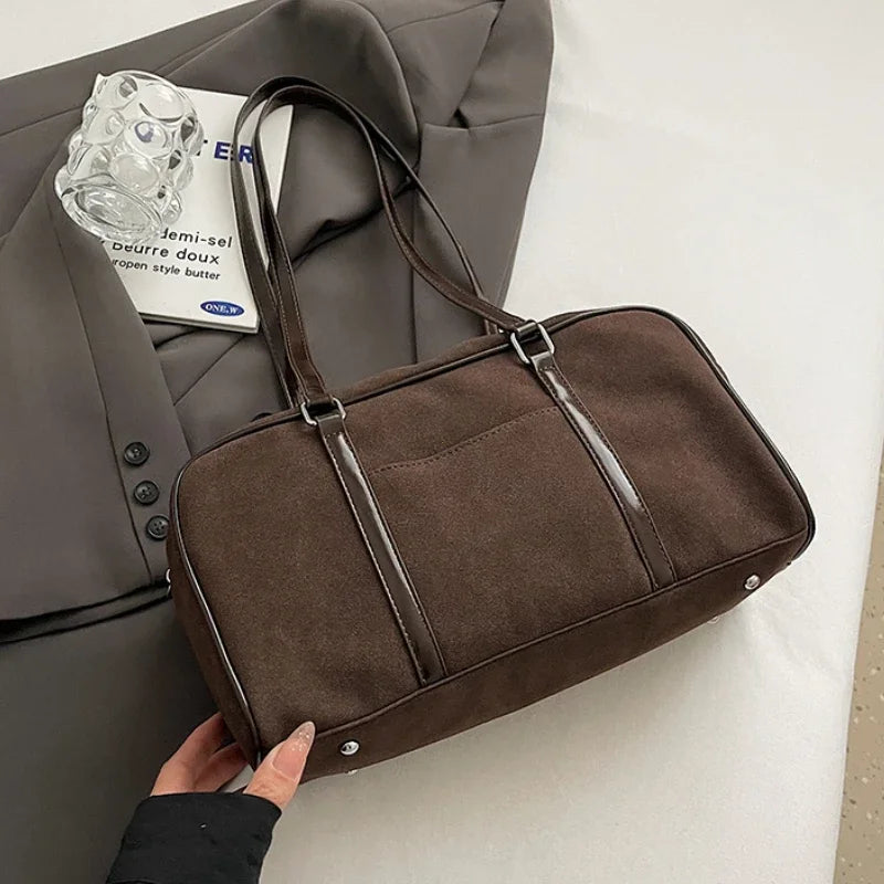 High End Suede Frosted Boston Hand Held Pillow Bag with Large Capacity Commuting Leisure Solid Color Single Shoulder Women's Bag Peaceful Pleasures Health and Wellness Coffee no pendant
