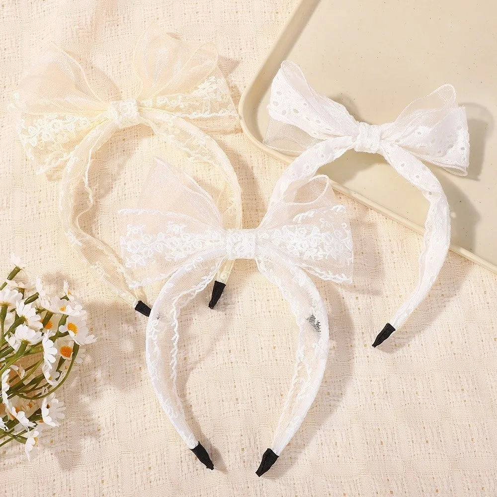 Elegant Lace Bow Headband – Floral Embroidery Non-Slip