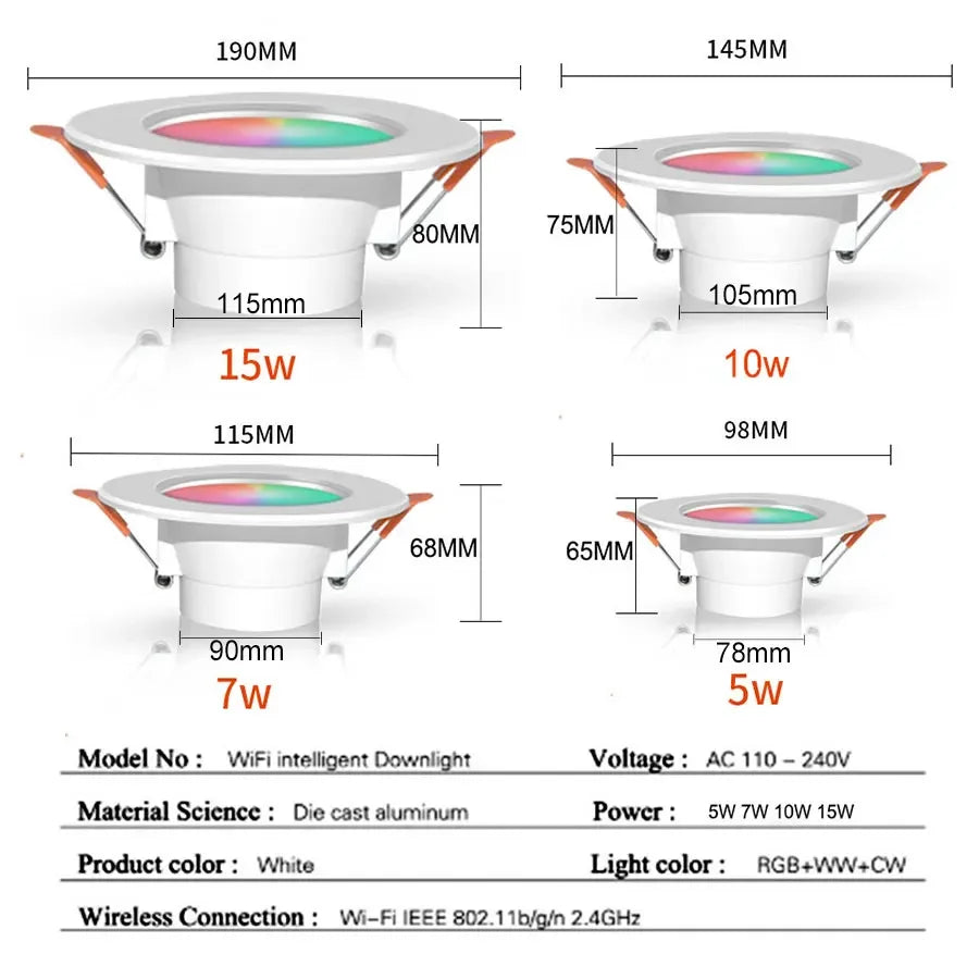 Tuya Smart LED Downlight 5W–15W RGB WiFi ZigBee Dimmable