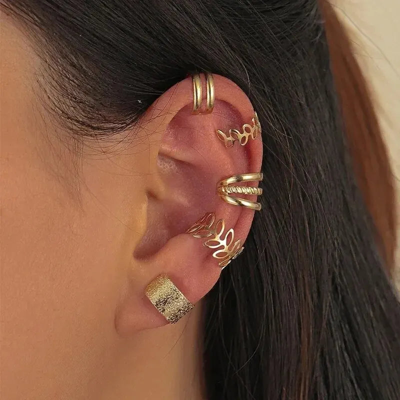 5-Piece Silver Leaf Clip Ear Cuffs | Non-Piercing Earring Set