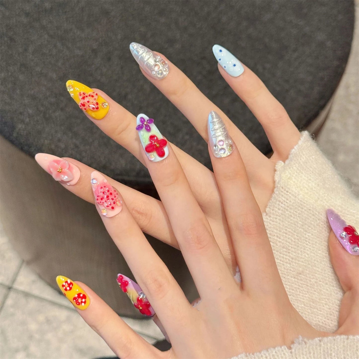 10pcs Handmade Press on Nails Island Flower Decor Glitter Fake Nails Wearable 3D Hand-Carved French False Nail Tips Almond Shape Peaceful Pleasures Health and Wellness