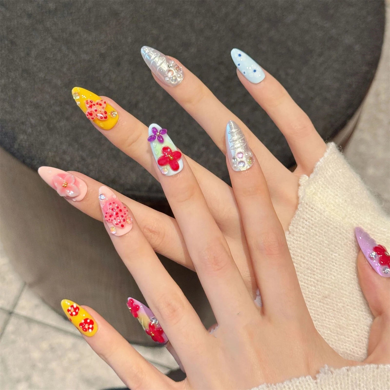 10pcs Handmade Press on Nails Island Flower Decor Glitter Fake Nails Wearable 3D Hand-Carved French False Nail Tips Almond Shape Peaceful Pleasures Health and Wellness