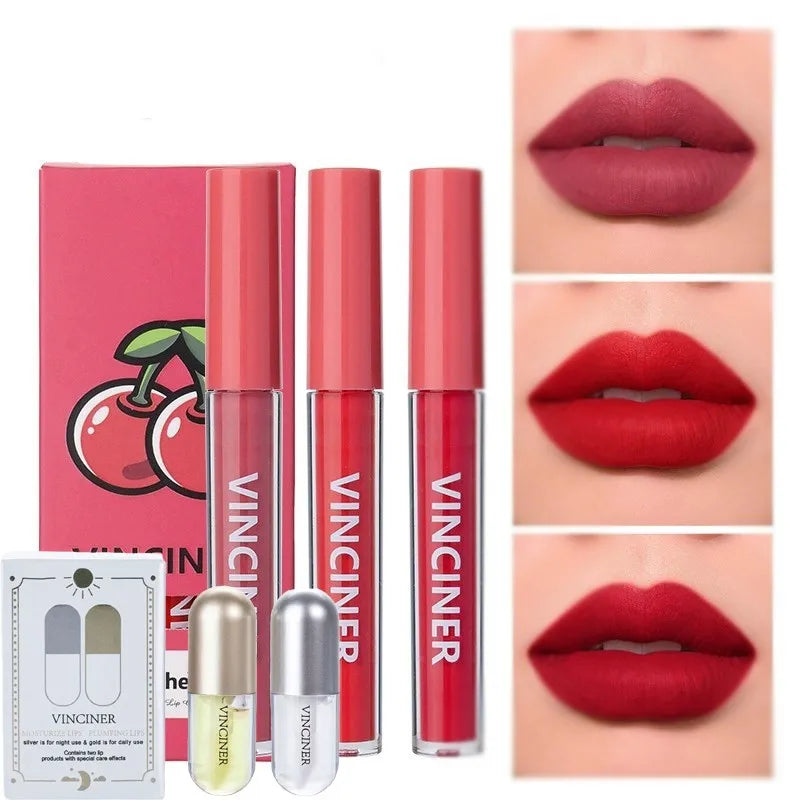 3 fruit lip glaze set + 2 ginger, mint plant lip augmentation liquid, matte matte non-stick cup liquid lipstick Peaceful Pleasures Health and Wellness