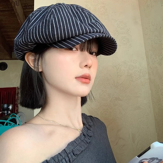 Women's Summer Striped Cotton-Linen Beret – Breathable Hat Women's Summer Beret Peaceful Pleasures Health and Wellness
