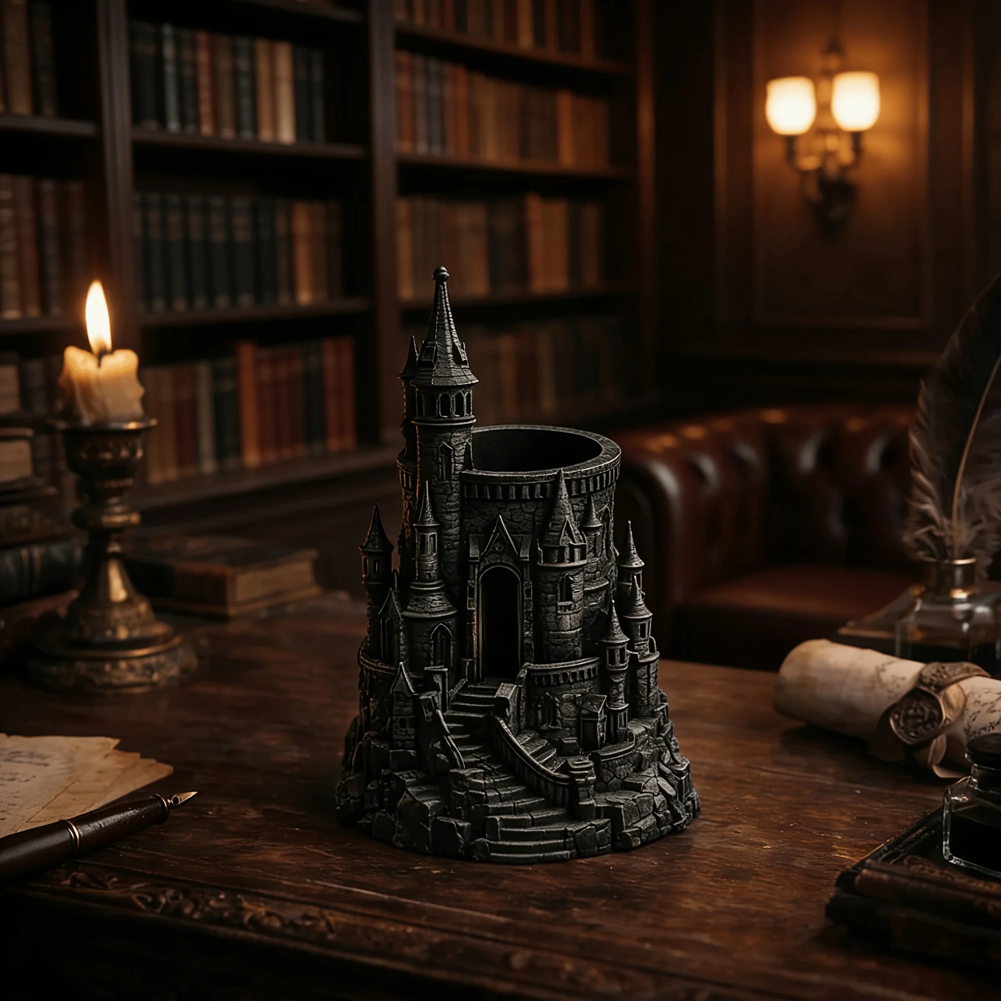 1-Piece Dark Castle-Shaped Pen Holder 3D Printed Vintage Architectural Pen Container Desk Organizer Decoration Student Designer Gift Magic Academy Castle Pen Holder Black Vintage Pen Container Niche Gift Peaceful Pleasures Health and Wellness