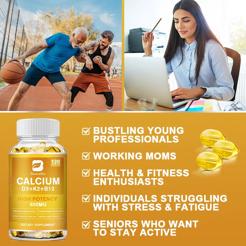 Beworths Calcium 600mg + D3, K2 & B12 | 120ct Vegan Caps