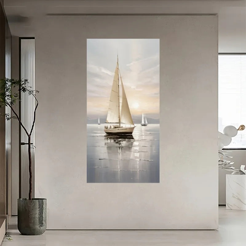 Sailboat At Sunset Wall Art Abstract Nautical Landscape Painting, Smooth Sailing Design, for Living Room, Hallway, Office Decor Peaceful Pleasures Health and Wellness