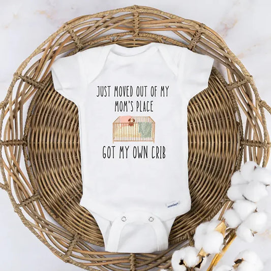 Funny Newborn Onesie "Just Moved Out Got My Own Crib" Baby Gift Baby Bodysuit Peaceful Pleasures Health and Wellness