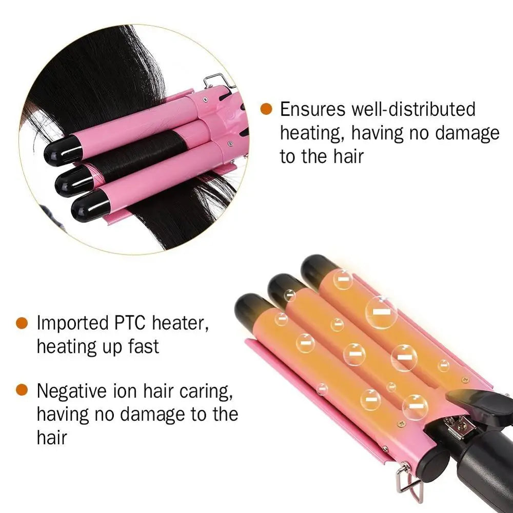 Easy Big Wave Hot Selling Portable New Mini Pink Ceramic Triple Barrel Curler Professional Hair Curling Iron Peaceful Pleasures Health and Wellness