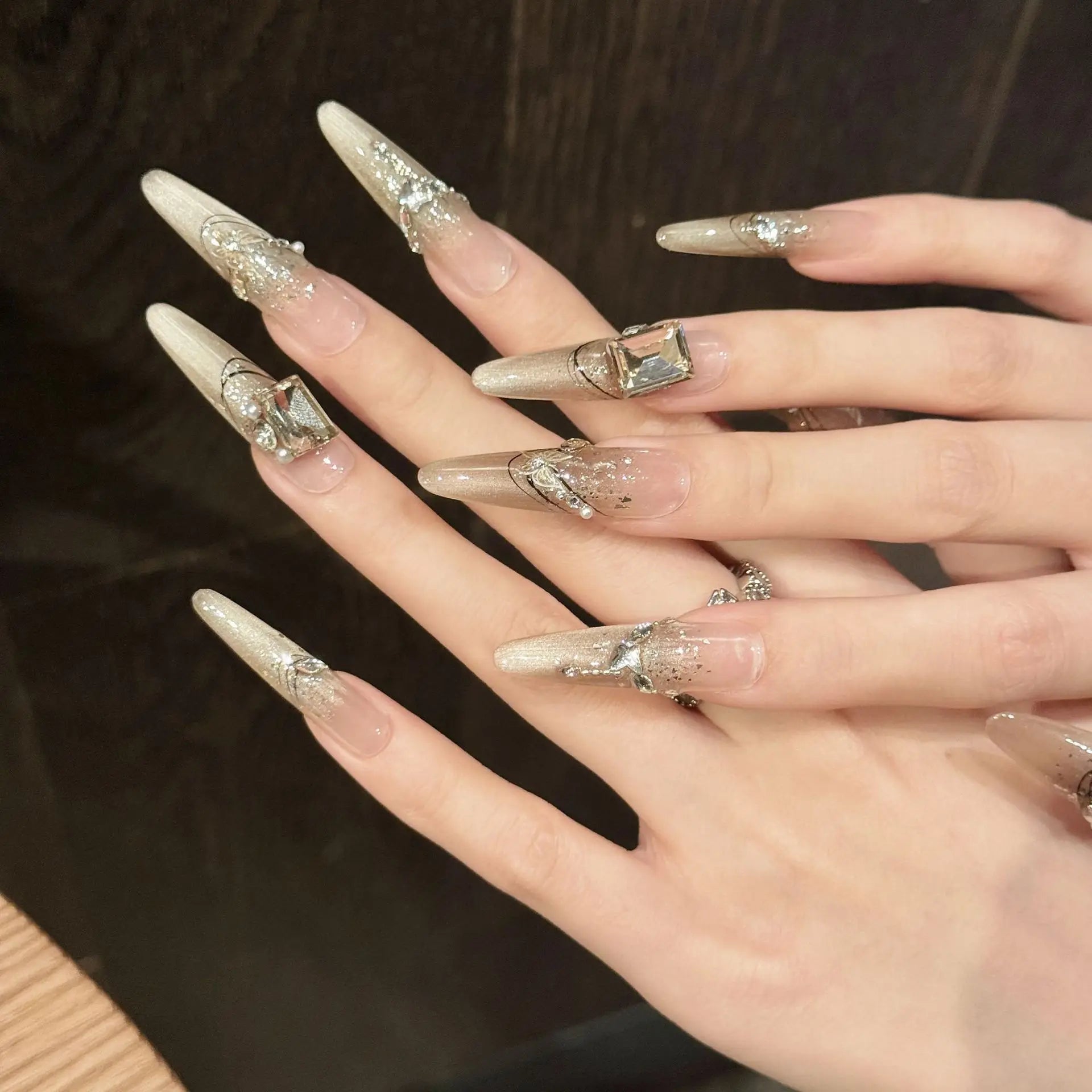 10pcs Handmade Long Oval Press on Nails Shiny Powder Rhinestone Design False Nails Wearable Full Cover French False Nail Tips Peaceful Pleasures Health and Wellness