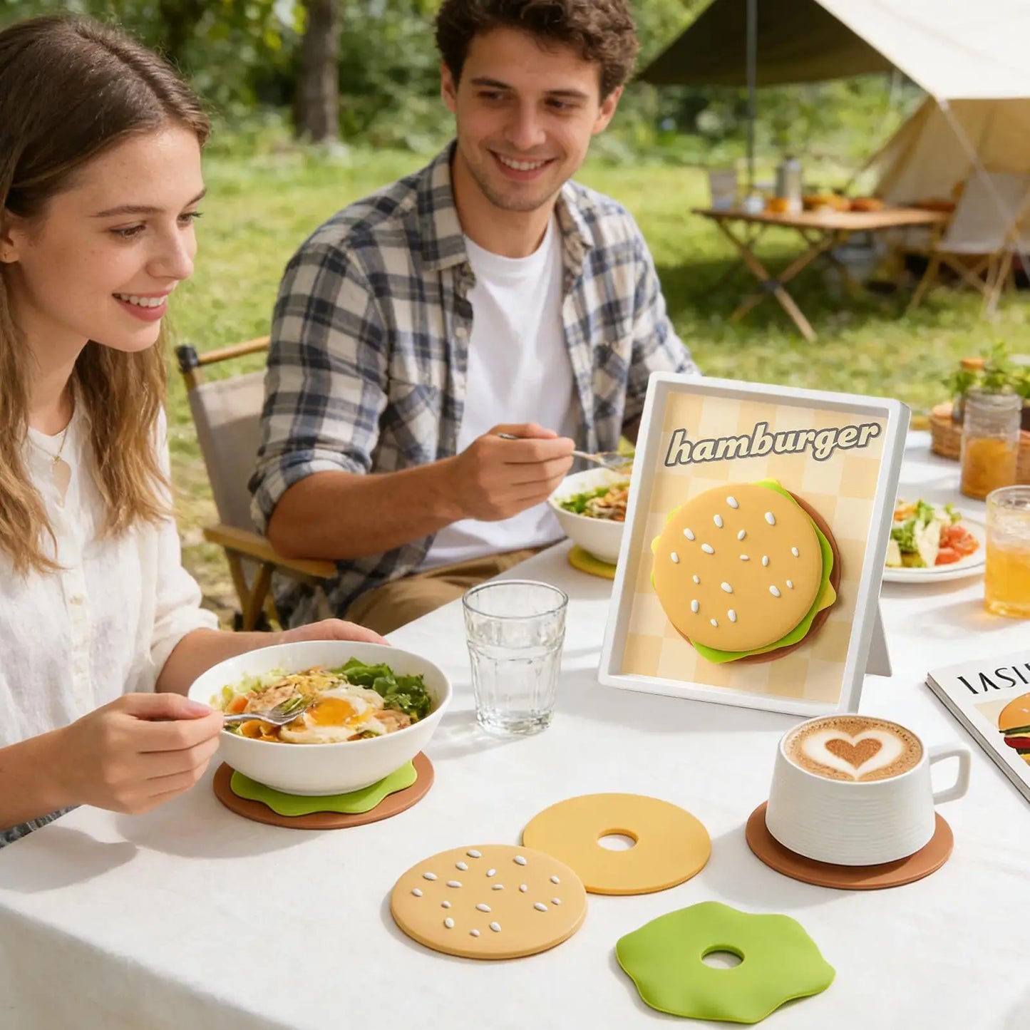 Funny Hamburger Silicone Coasters | Magnetic Storage Frame Set Novelty Coaster Set Peaceful Pleasures Health and Wellness