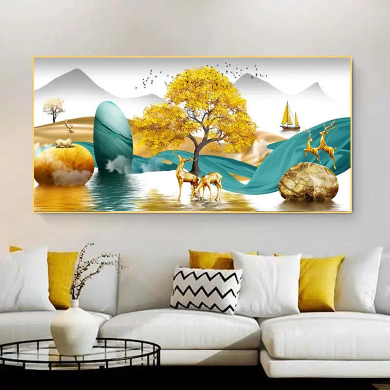 Chinese Feng Shui Golden Rich Tree Canvas Painting Wall Art Deer Landscape Lucky Stone Posters Wall Art for Living Room Decor Peaceful Pleasures Health and Wellness w2624 golden-21 20x40cm